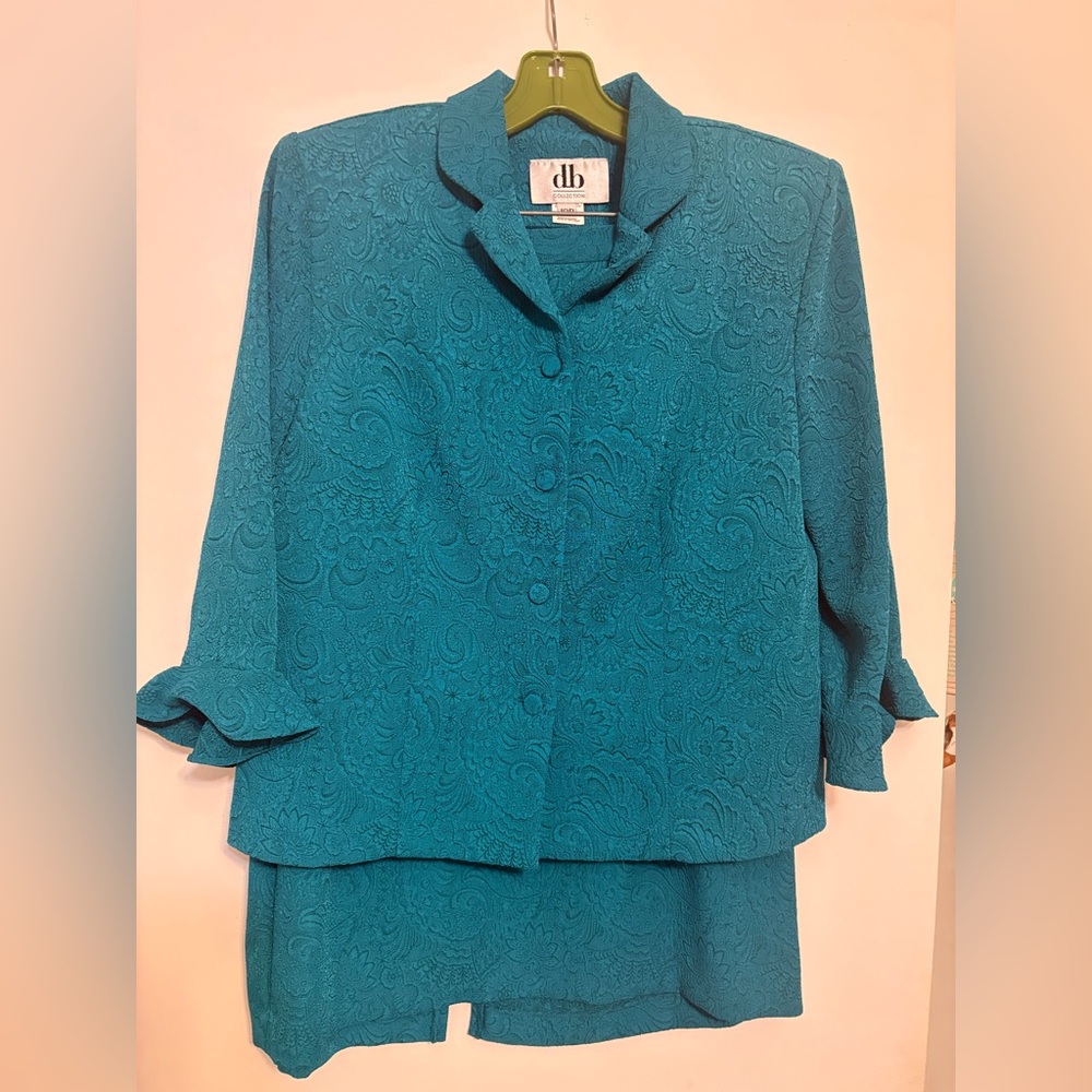 Vintage Y2K Teal Jacquard Skirt Suit Set‎ db Collection Paisley Blazer Church